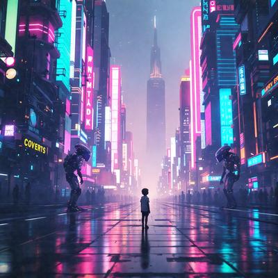 The primary subject of the image is a person standing on a rain-soaked city street. The setting is a futuristic city with tall buildings and neon lights. The visual style is a combination of photo and digital art, creating a surreal and vibrant atmosphere. The colors and mood are predominantly pink and purple, giving the scene a dreamy and whimsical feel.